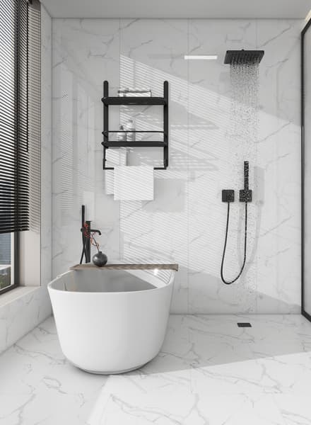 Luxurious marble bathroom with freestanding bathtub and rain shower
