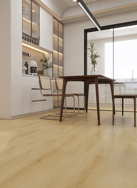 Moderne Küche mit Eichenholzboden und Glastrennwand