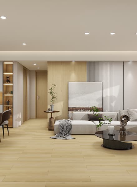 Open living area and hallway with recessed lighting and neutral tones