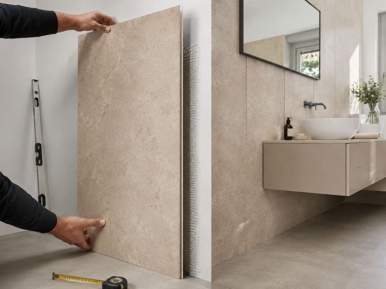 Finished SPC wall panels in a stone look in a modern living space