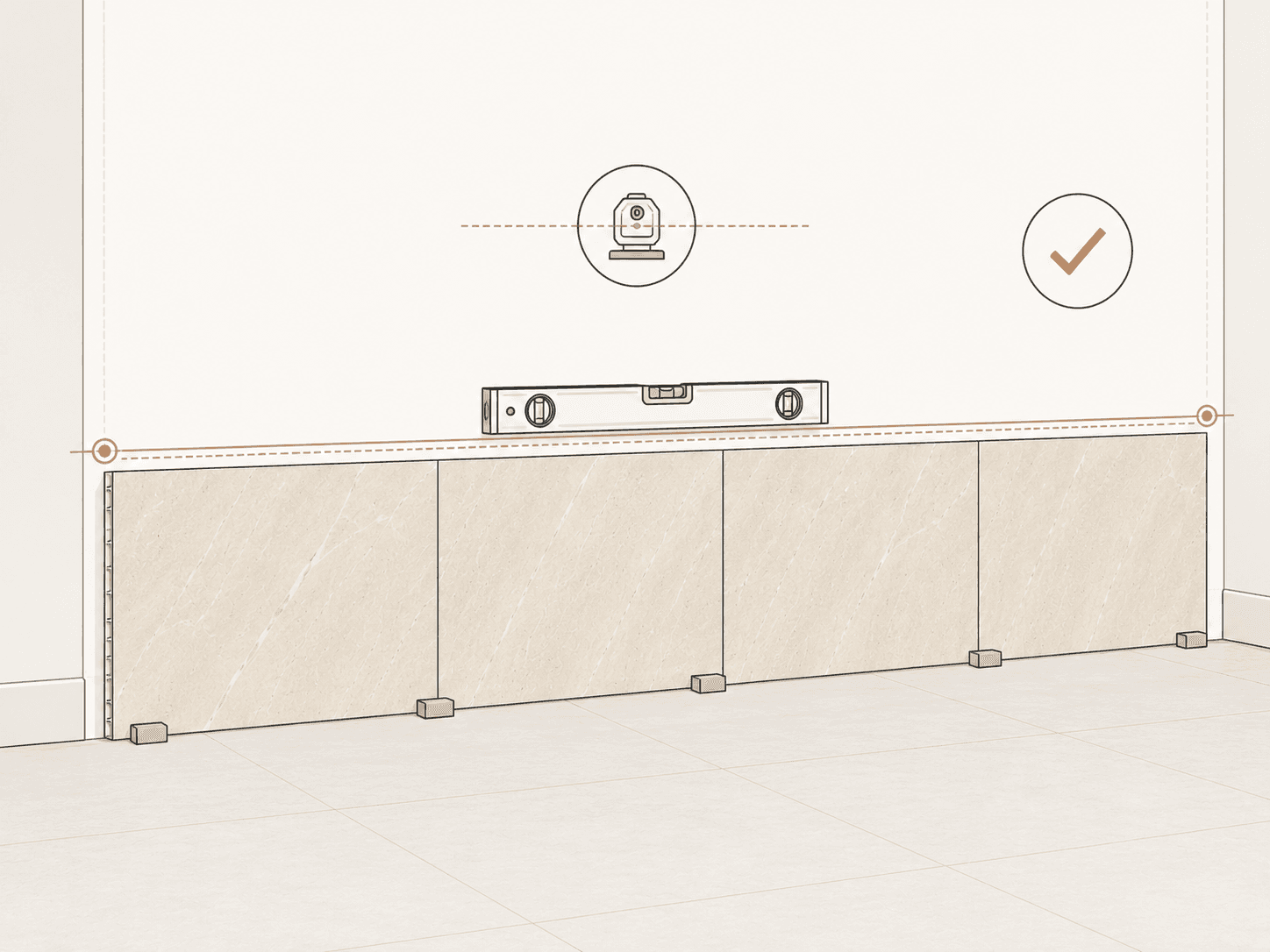 Acclimatising SPC wall panels — four stone-effect panels standing upright at floor level, spirit level confirms horizontal alignment, checkmark indicates correct storage