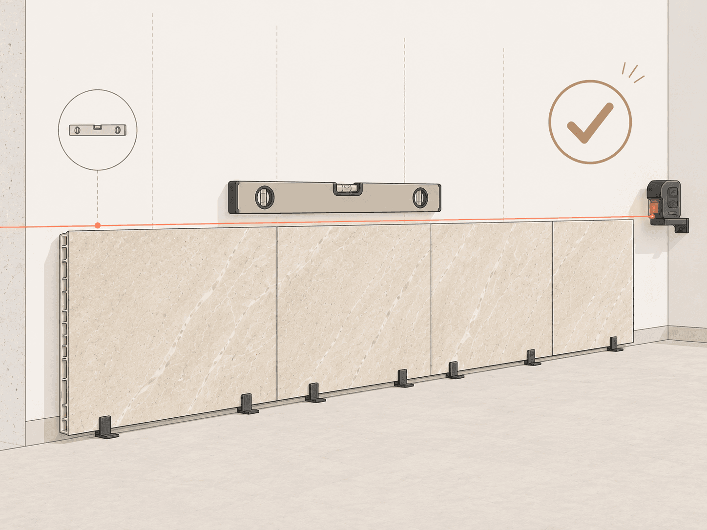 Aligning the first row of SPC wall panels — four panels against the wall, spirit level and red laser line confirm horizontal alignment, floor spacers in place