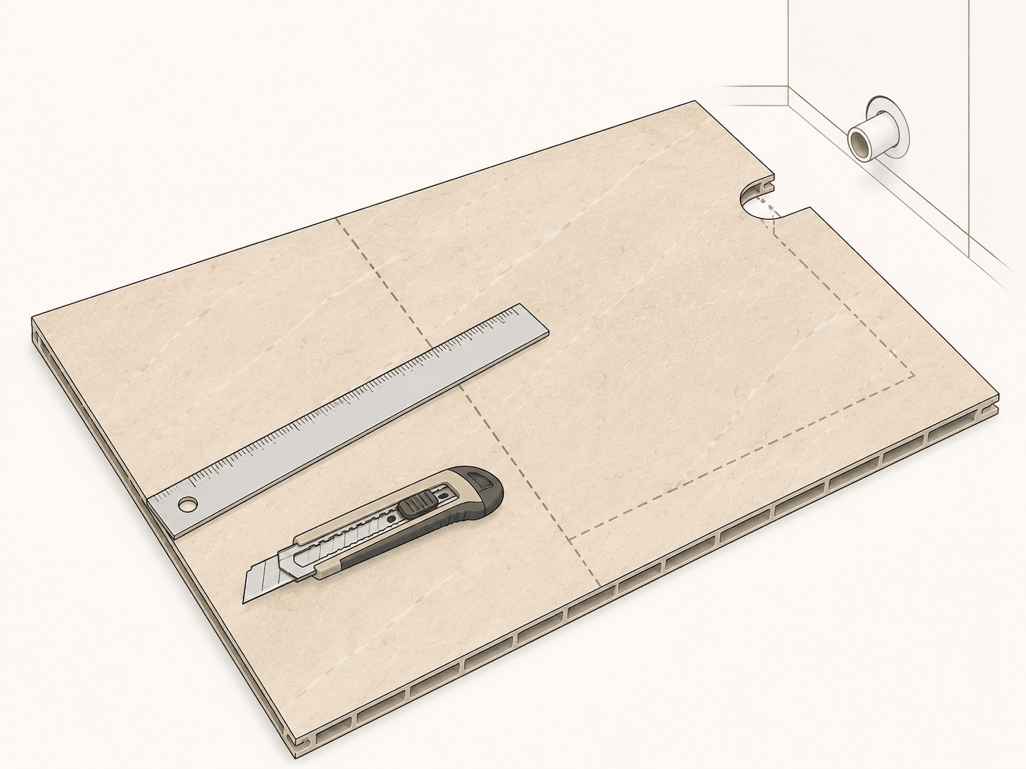 Cutting SPC wall panel to size — steel ruler and snap-off knife on stone-effect panel, dashed cut line and socket cutout marked