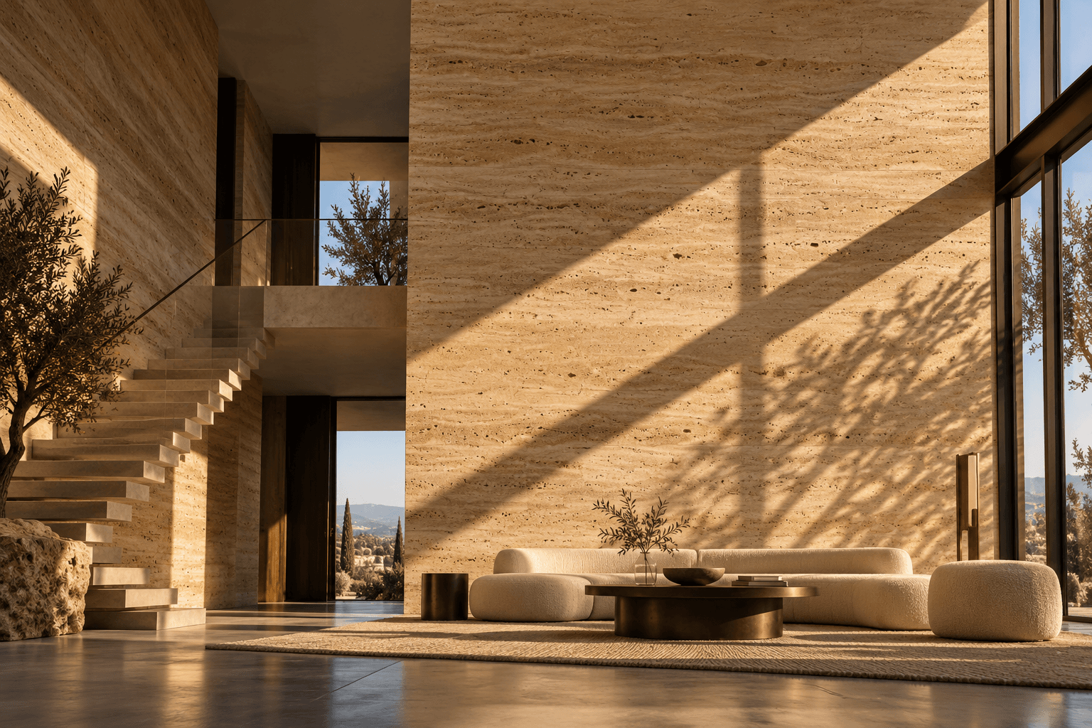 SPC-Wandpaneele in Travertin-Optik in einem zweigeschossigen Architekturatrium mit freitragendem Treppenhaus und bodentiefen Fenstern