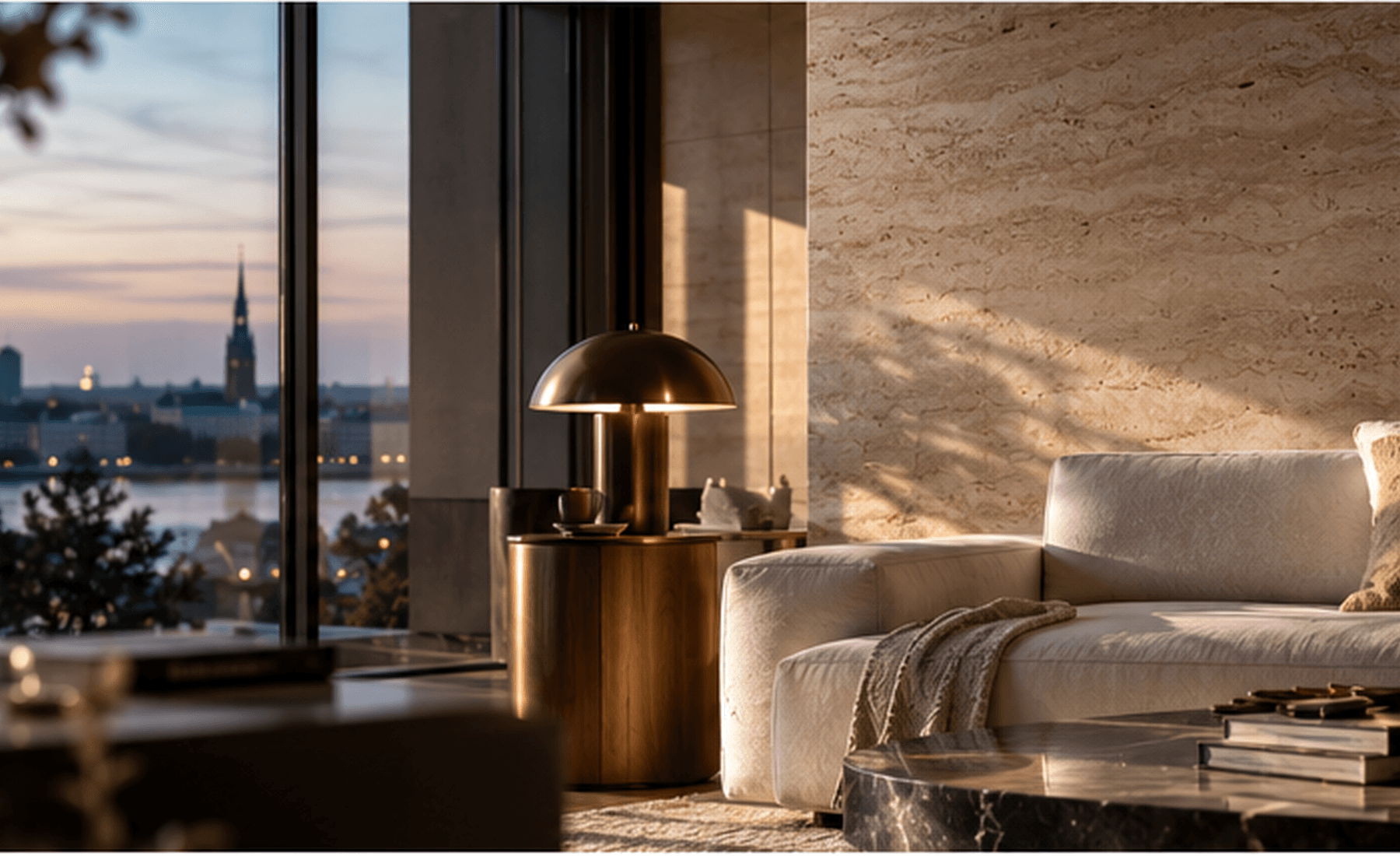 SPC-Wandpaneele in Travertin-Optik in einem Penthouse-Wohnzimmer bei Dämmerung mit Stadtpanorama und Messingakzenten