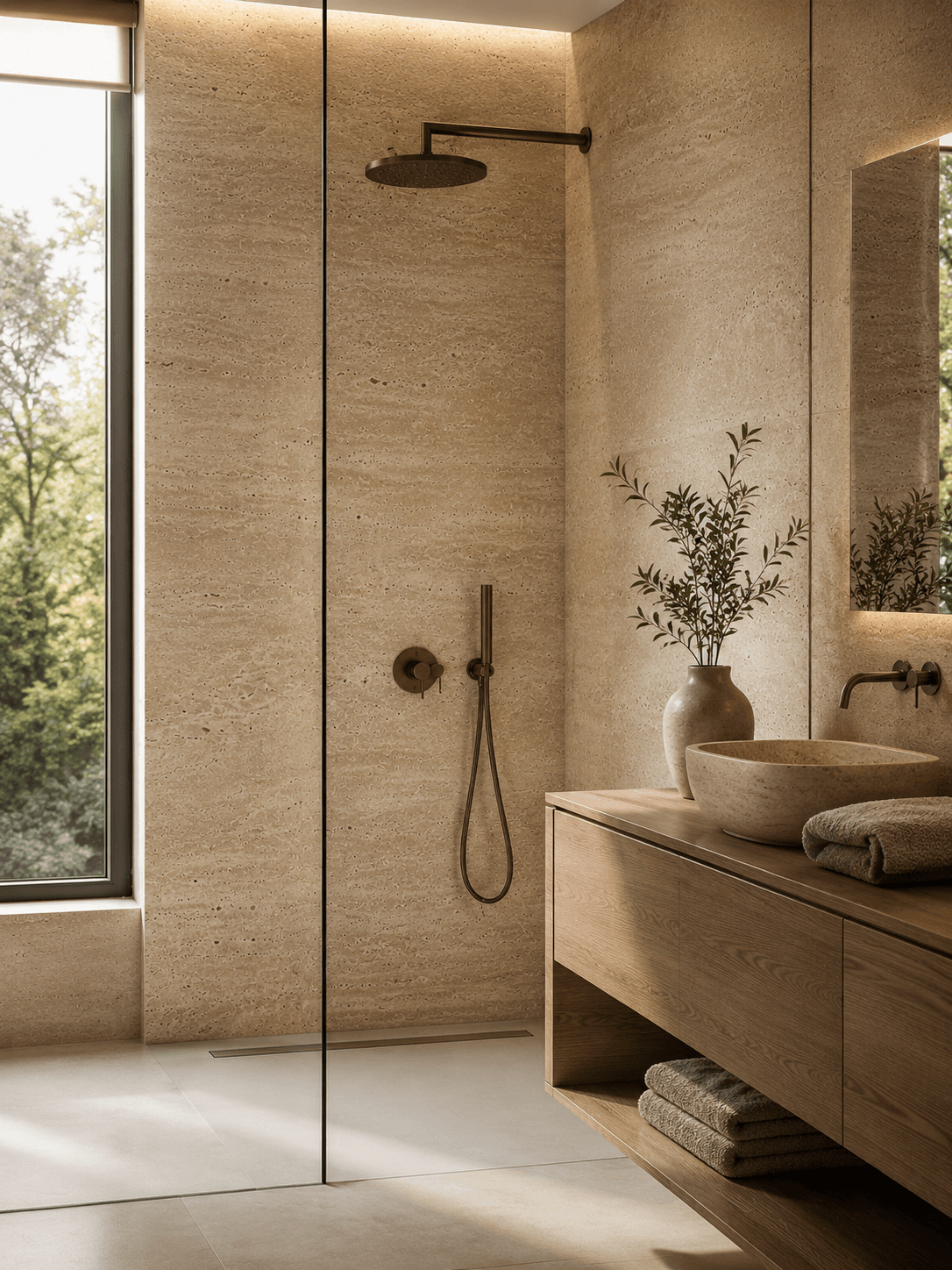 Stone-effect wall panels in a walk-in shower