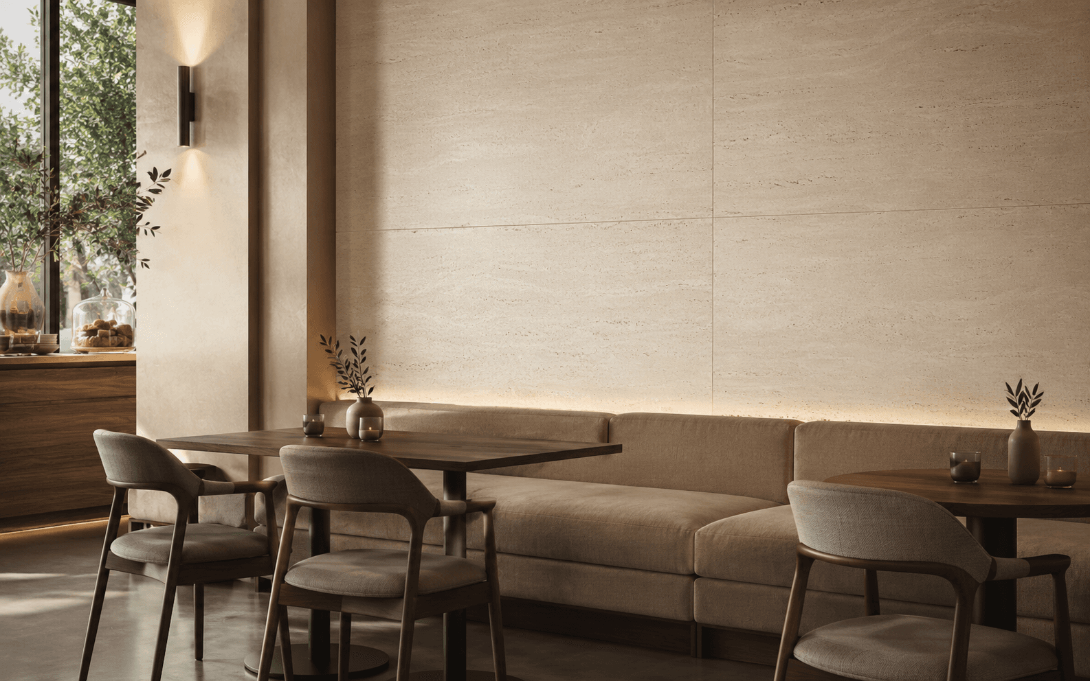 Stone-effect wall panels in a showroom café