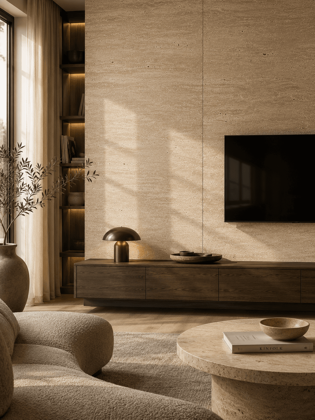 Stone-effect wall panels on a living-room TV wall