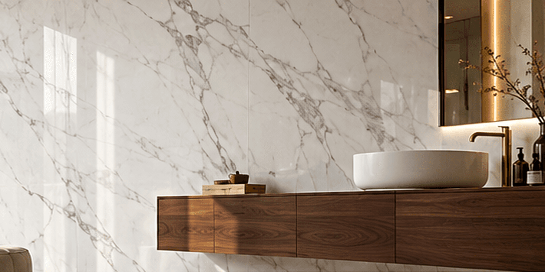 SPC-Wandpaneele in Marmoroptik an einer eleganten Wohnzimmerwand