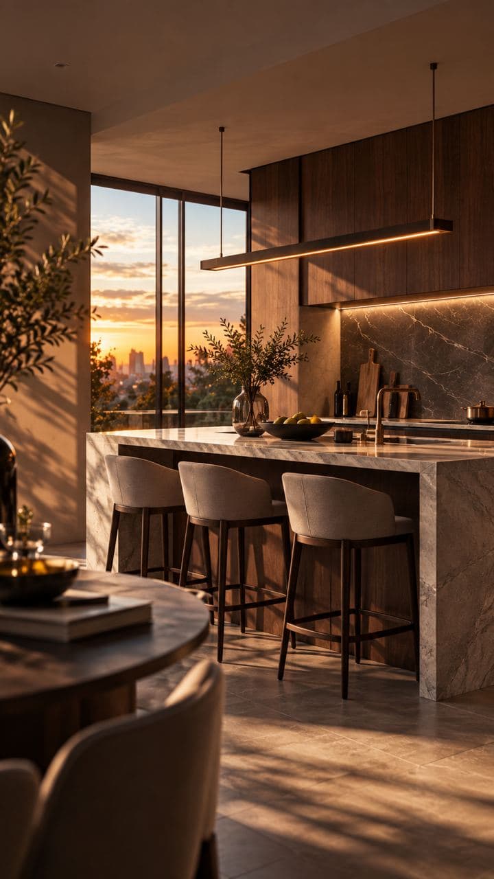 Modern open-plan kitchen with stone-look SPC wall panel backsplash, marble-effect island with bar stools and panoramic window with golden sunset view