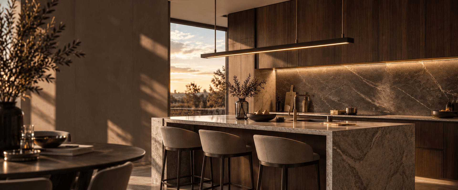 Modern open-plan kitchen with stone-look SPC wall panel backsplash, marble-effect island with bar stools and panoramic window with golden sunset view
