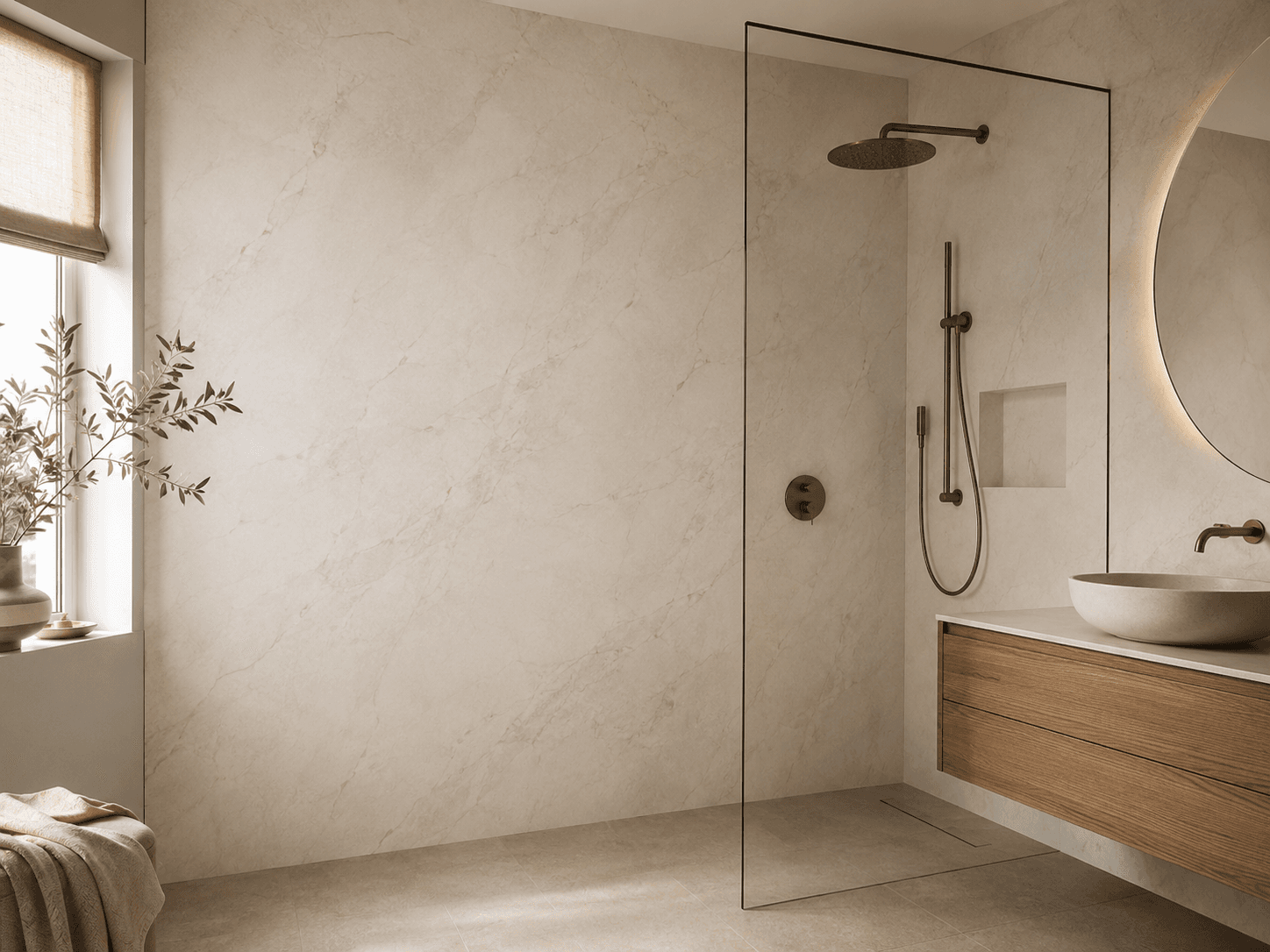 SPC Wandpaneele in Marmoroptik in einer Walk-in-Dusche — fugenlose Badfliesen-Alternative