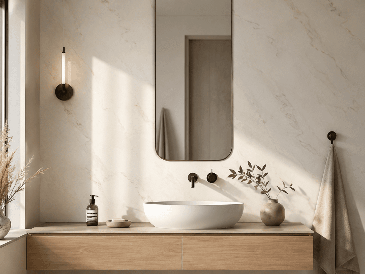 Waschtischwand mit SPC Wandpaneelen in Marmoroptik