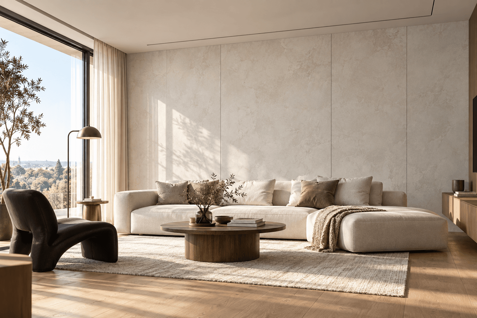 Helles Wohnzimmer mit Paneelen in Cemento Chiaro