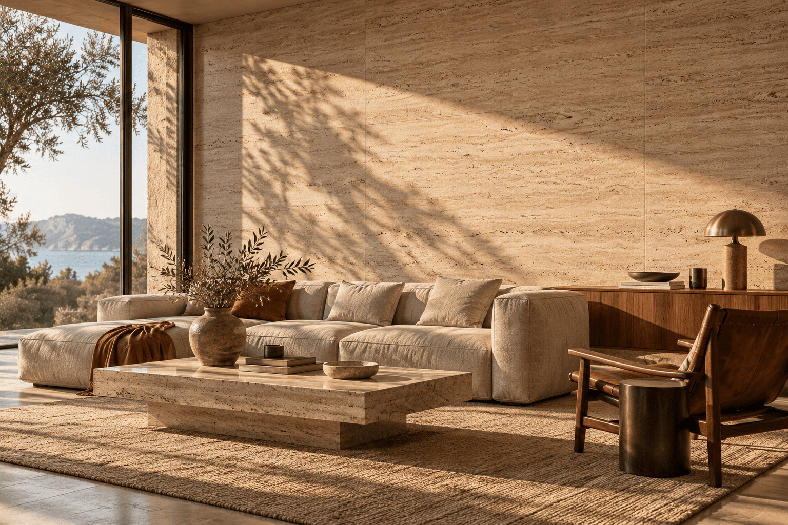 Mediterran eingerichtetes Wohnzimmer mit Wandpaneelen