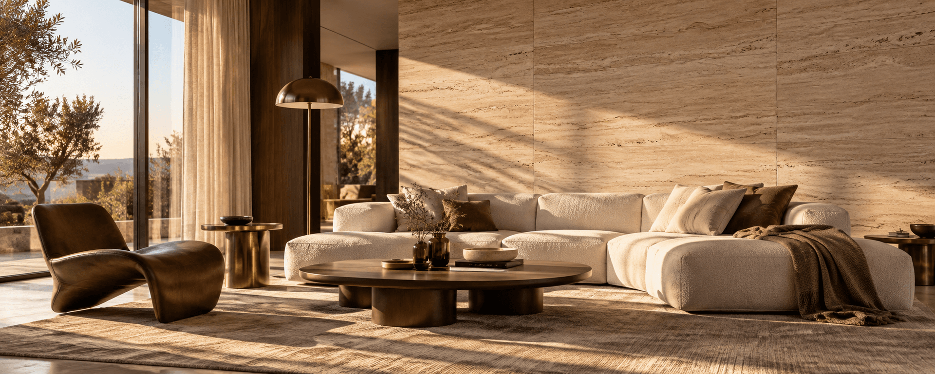 Modernes Wohnzimmer mit SPC Wandpaneelen in Travertinoptik als Sofa-Akzentwand — warmes Abendlicht
