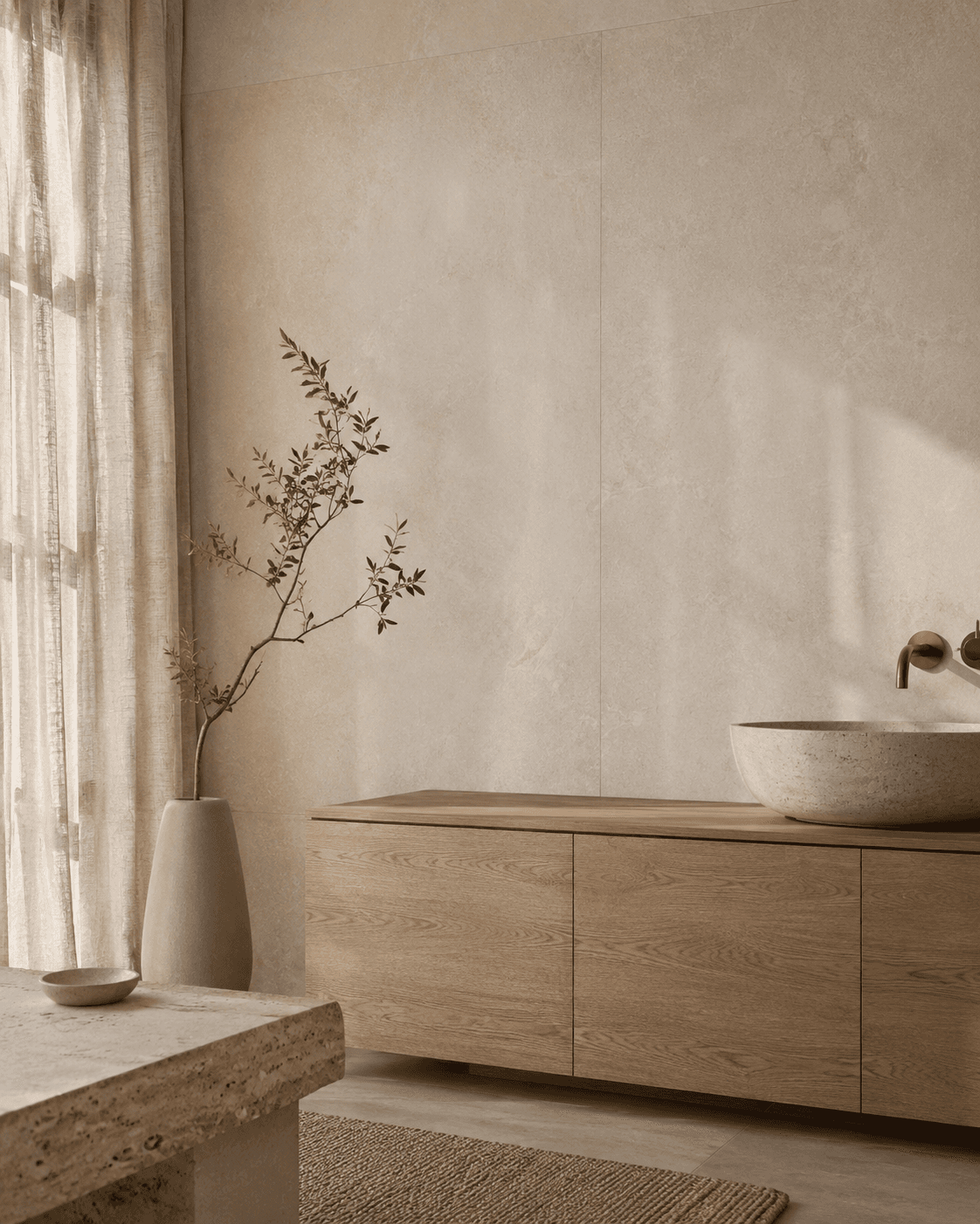 Travertin Bianco wall panels in a spa bathroom