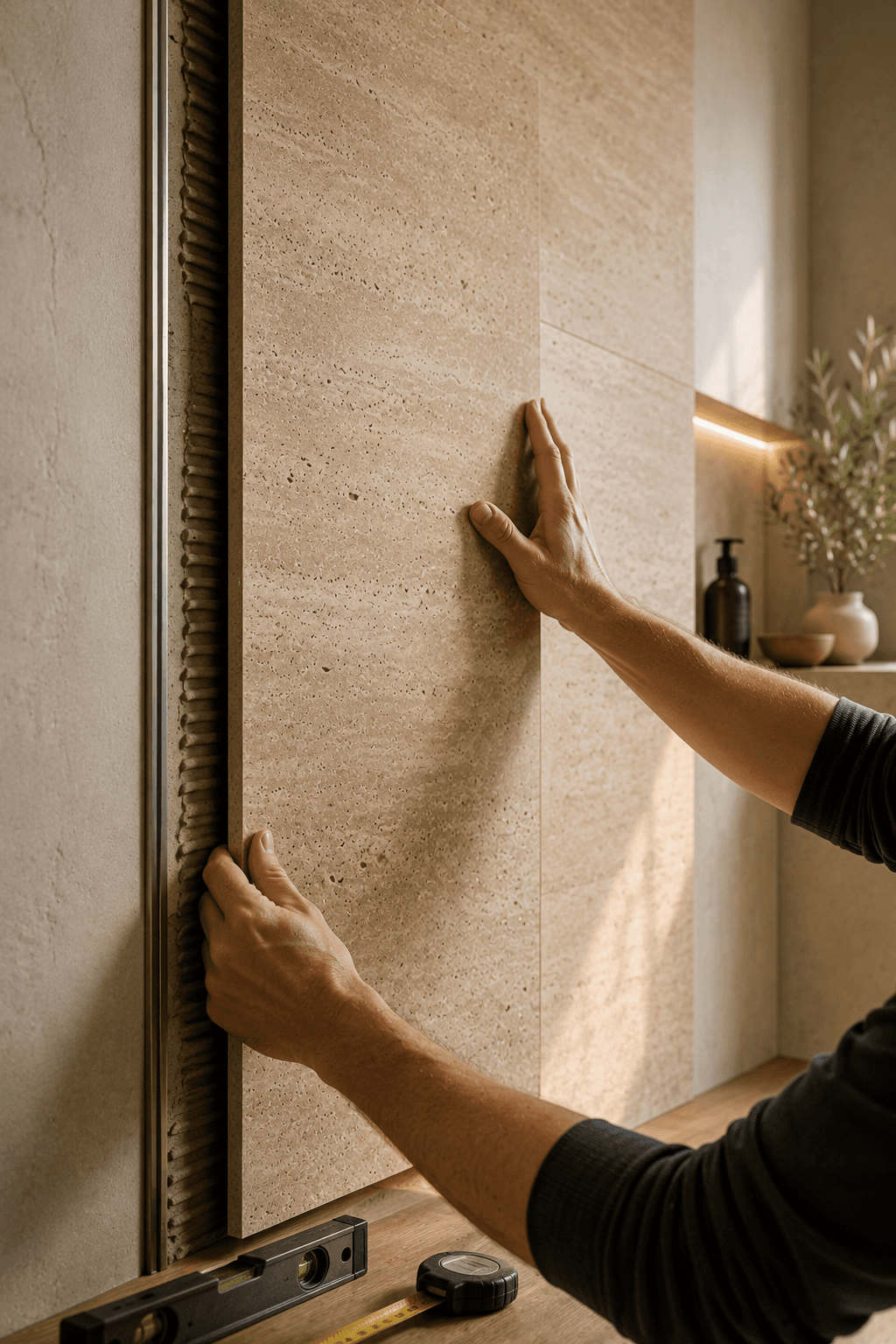 Installing an SPC wall panel via the tool-free click system on a wall