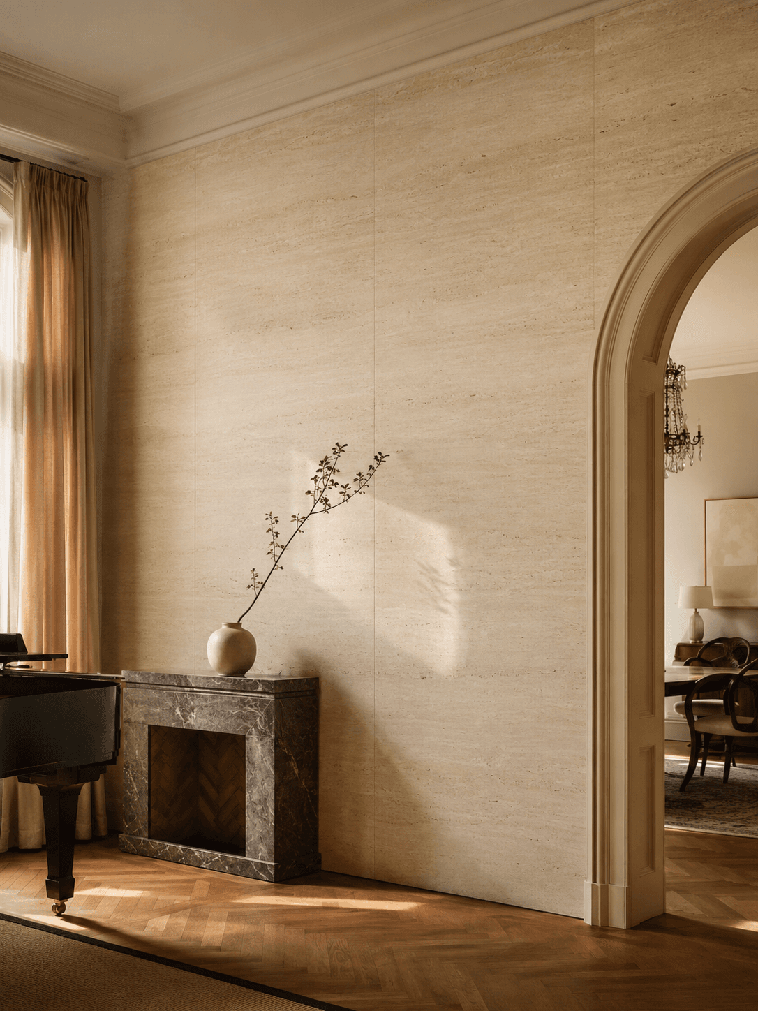Living-room wall of a townhouse in Saarbrücken with SPC wall panels in the Travertino Naturale decor