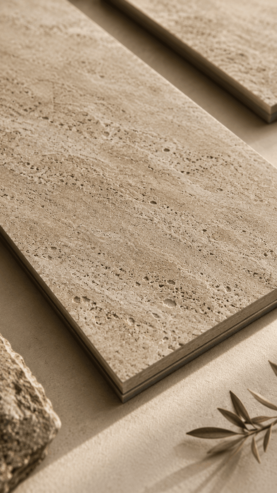 Close-up of the surface of an SPC wall panel in a travertine look with visible texture
