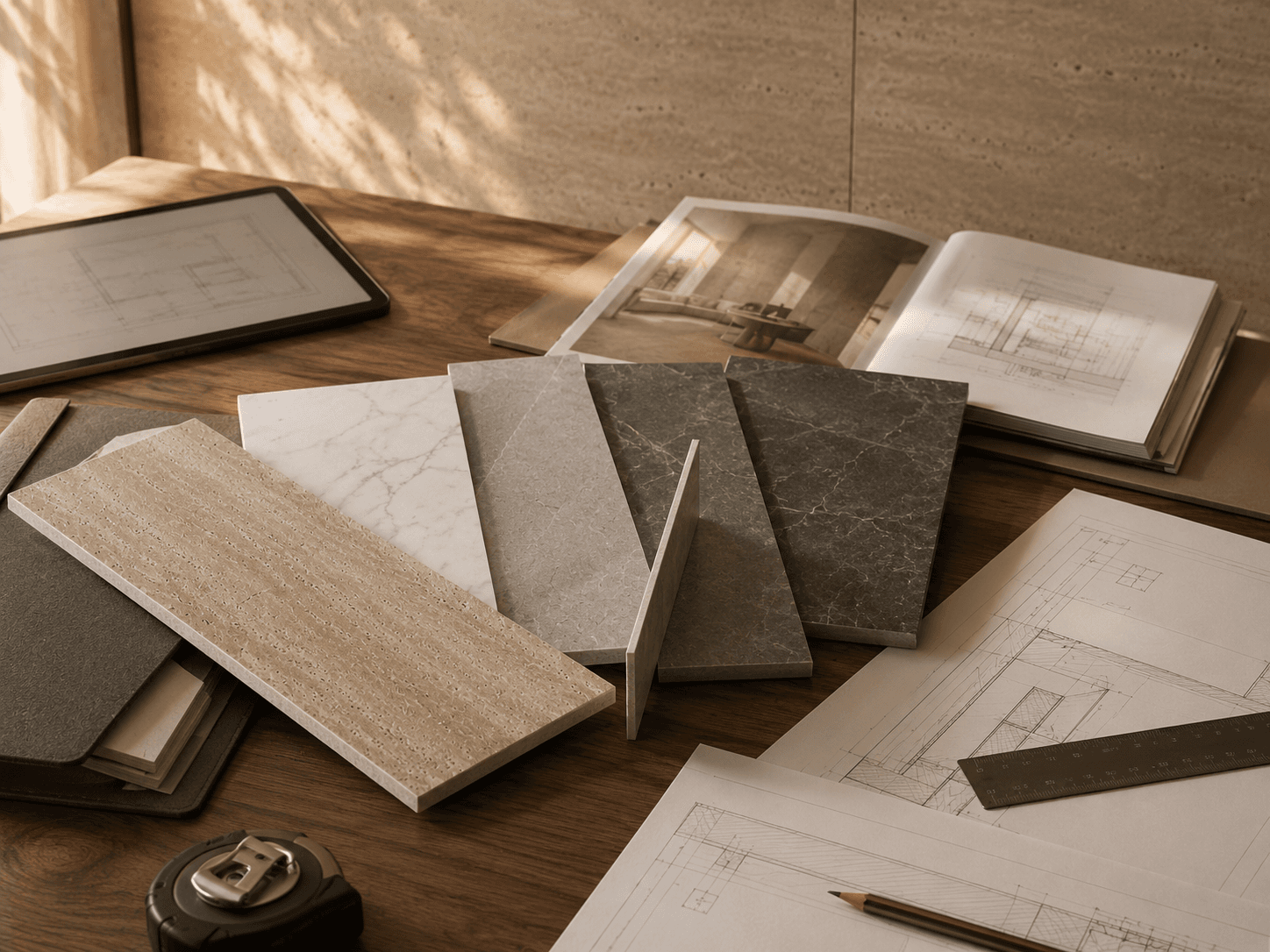 Architect reviewing SPC wall panels for project planning at a desk
