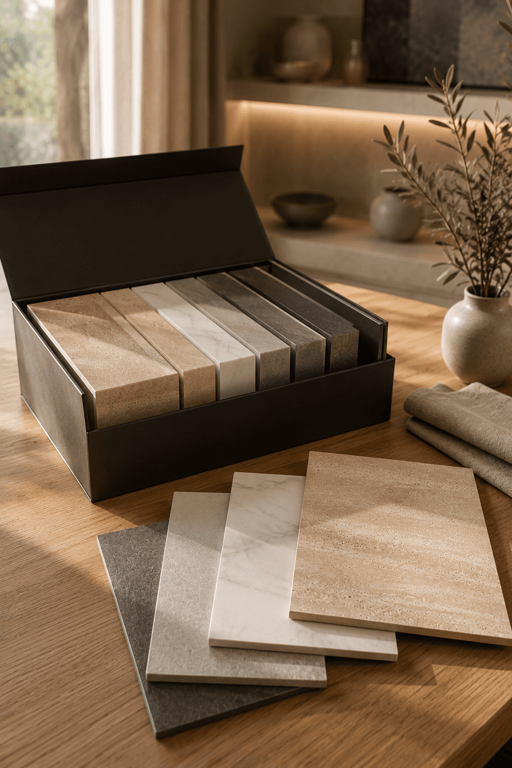 Sample box with various SPC decors to choose from on a table