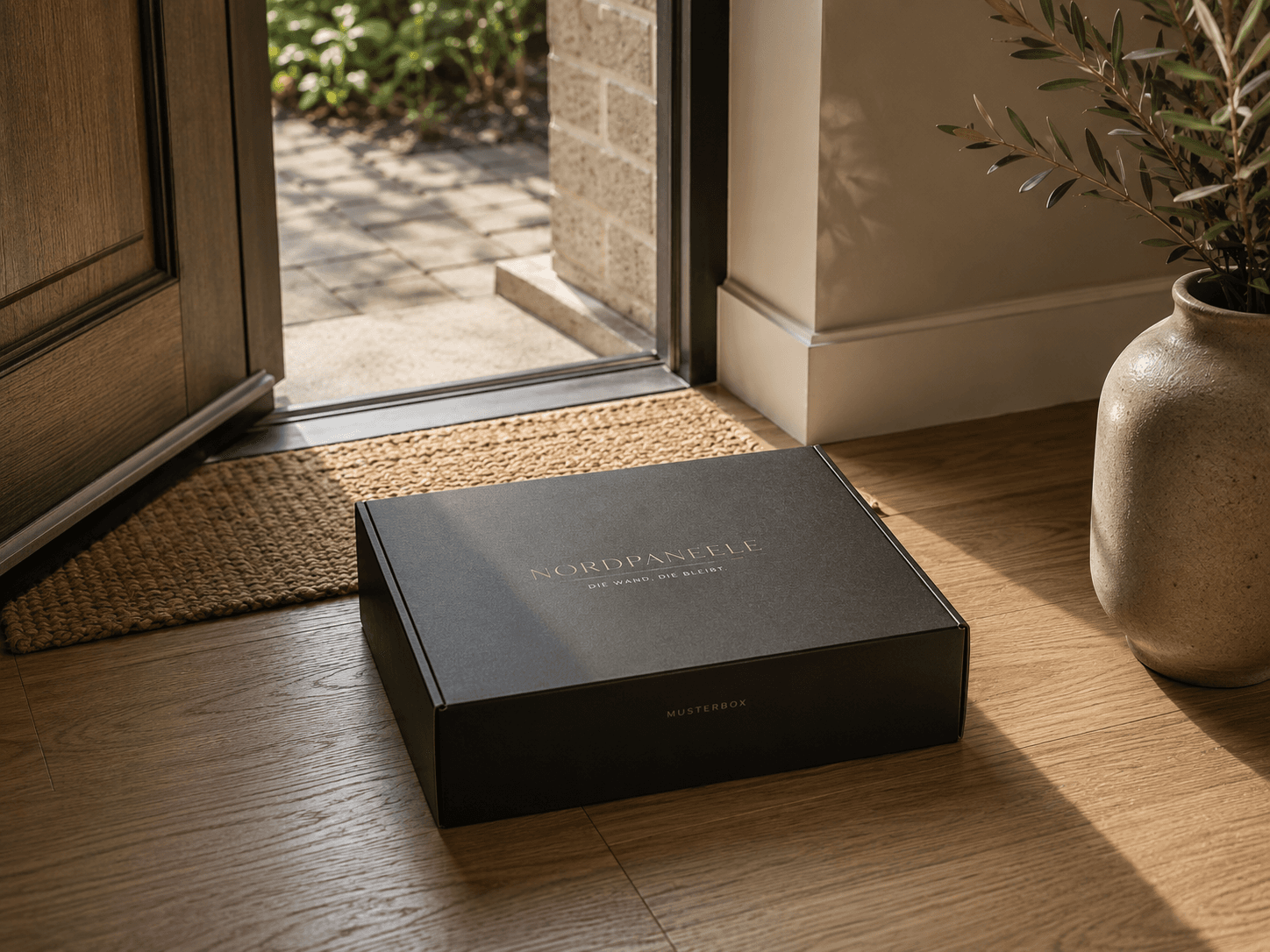 NordPaneele sample box with wall panel samples and a guide card