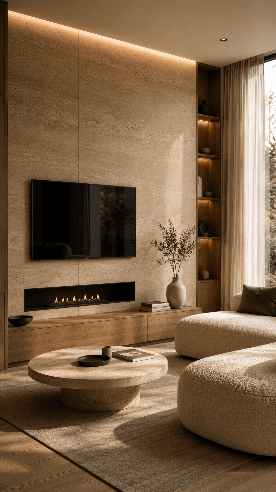 Living room with large-format SPC wall panels in a warm travertine look behind a sofa